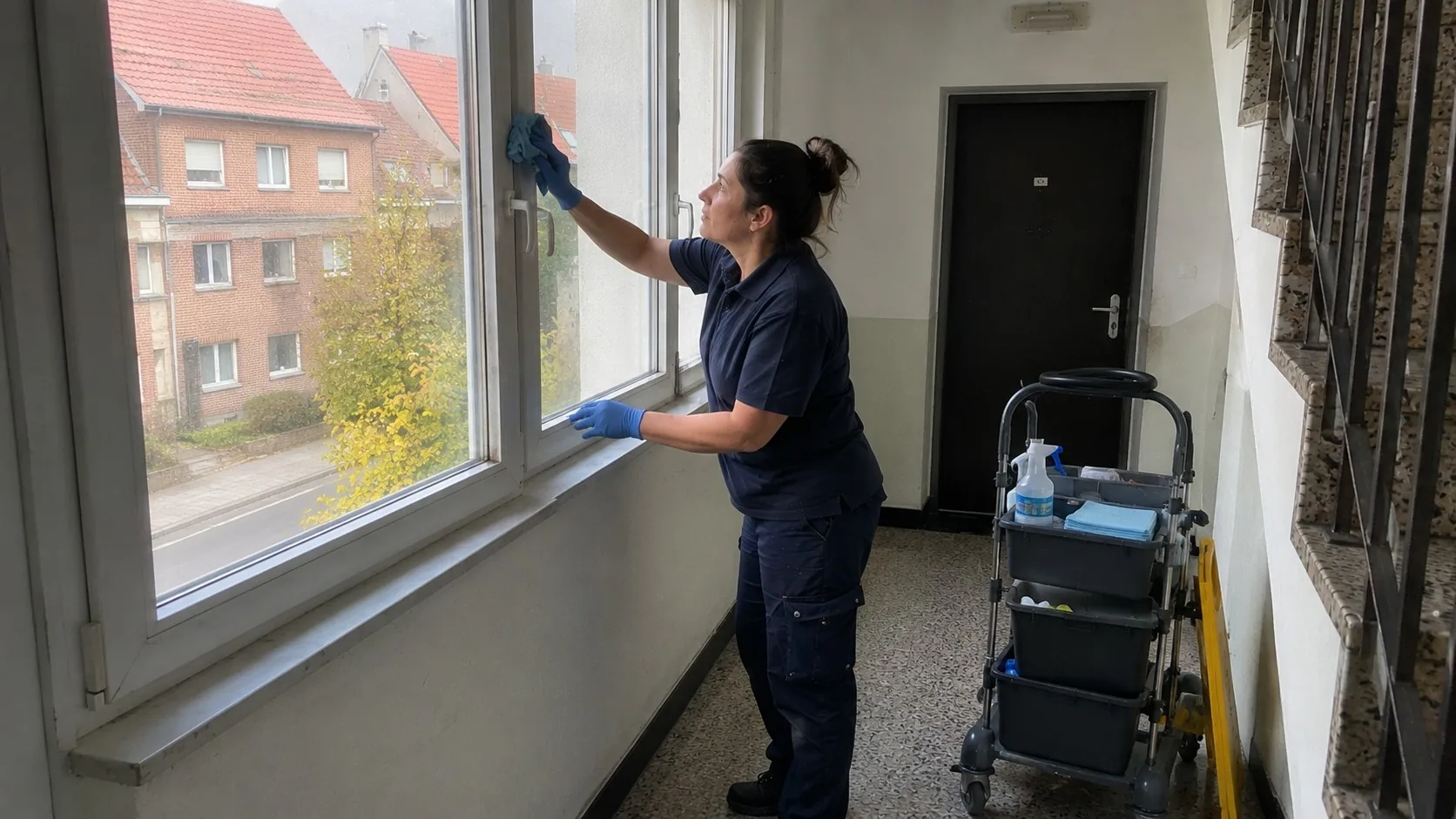 Mitarbeiterin reinigt ein Treppenhausfenster in Essen
