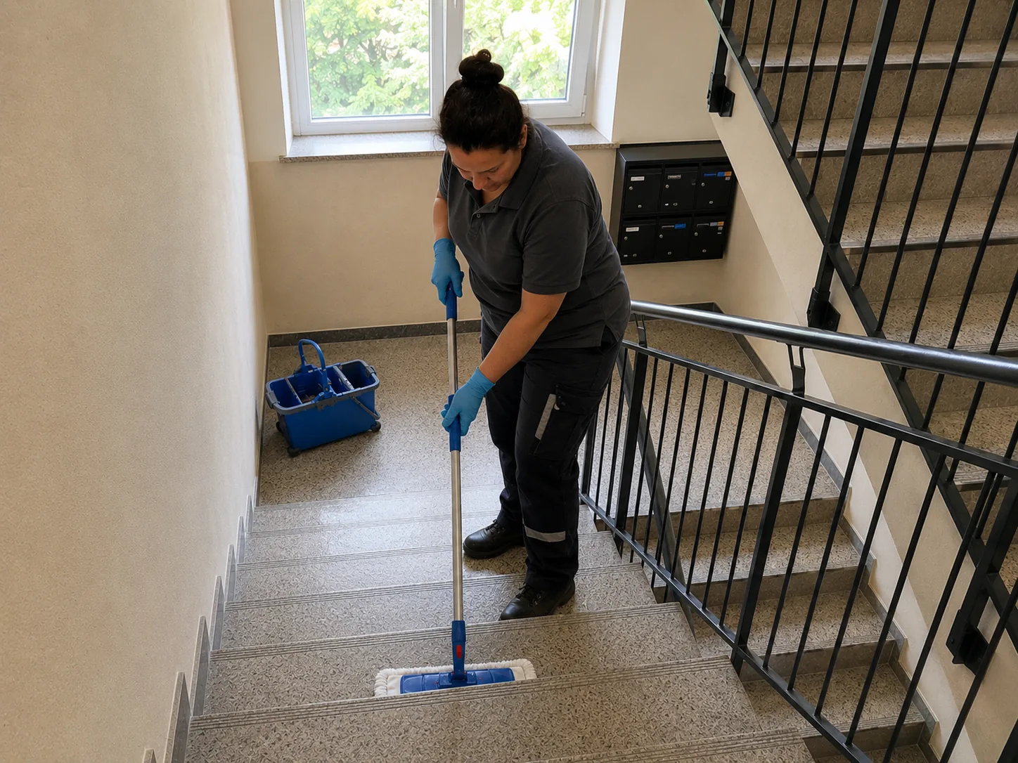 Terrazzo-Treppenstufen werden mit Mop feucht gewischt
